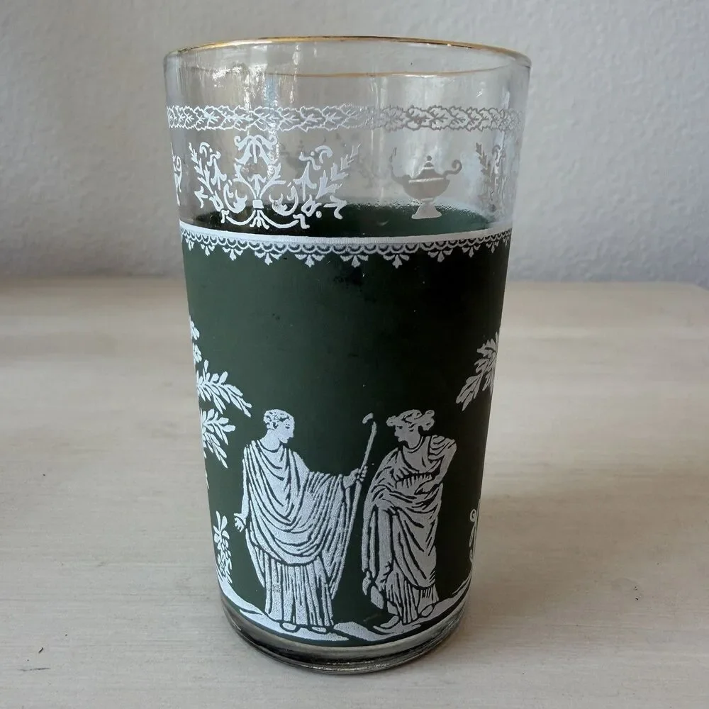 Set of 2 Vintage Jeanette Juice Glass Green Hellenic Jasperware Style Gold Rim